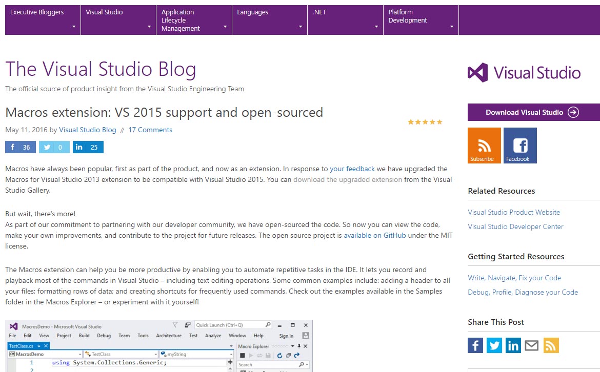 マイクロソフト、Visual Studio 2015対応の「Macros for Visual Studio」をオープンソース化:GitHub ...