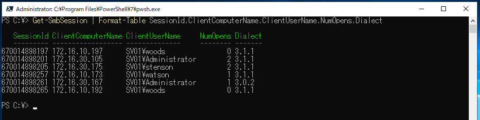 Get-SmbSession 】コマンドレット――確立されているSMBセッションに関する情報を取得する：Windows PowerShell ...