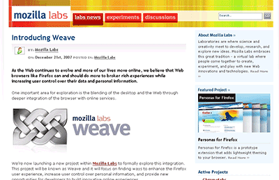 Mozilla Labsのページ（新プロジェクト「Weave」のロゴが見える）